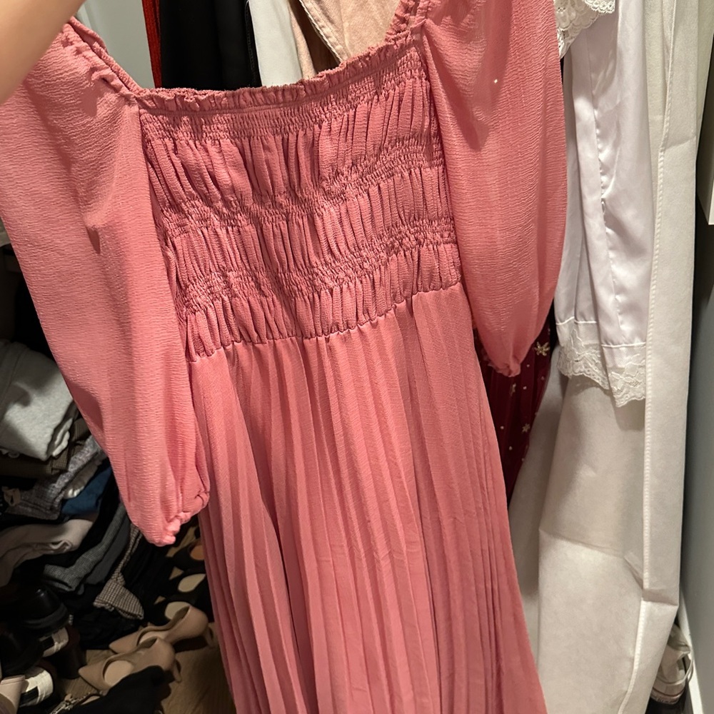ASOS Pink Midi Dress with Smocked Bodice and Puff Sleeves - Picture 5 of 9